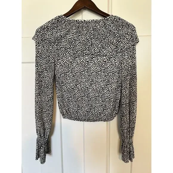 Zara Blouse Women's Size Small Ruffle Neck Crop Long Sleeve Boho Black & White - Picture 6 of 9